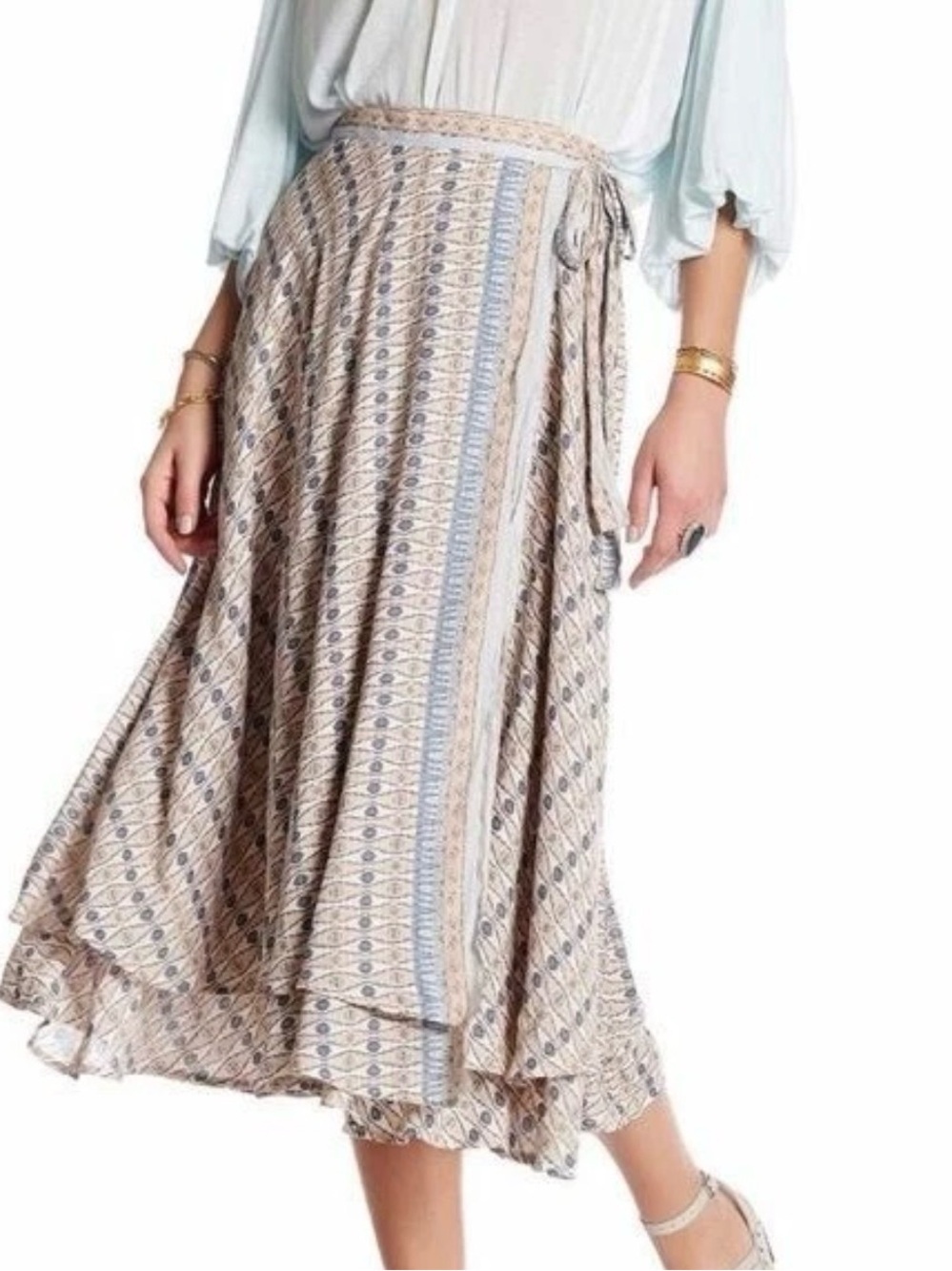 Free People Beige and Light Blue Printed Wrap Midi Skirt